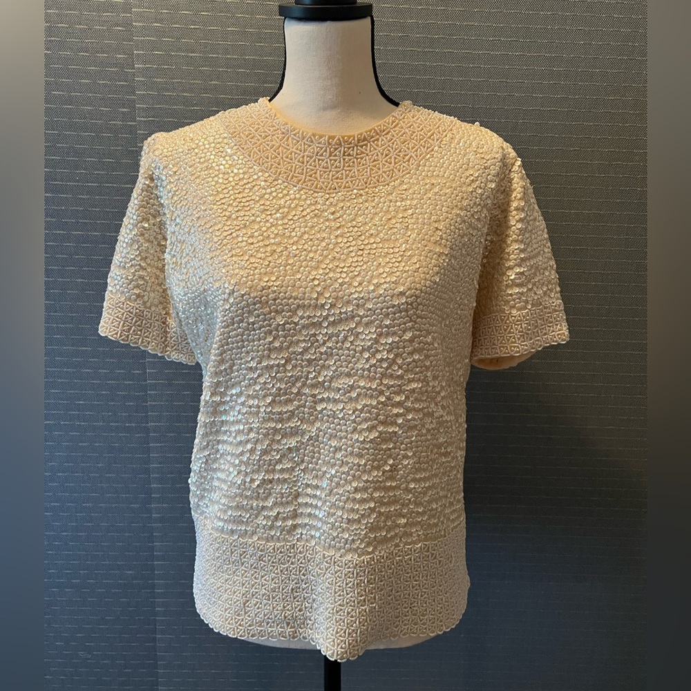 Vintage Ivory Beaded & Sequins Back Zipper Top